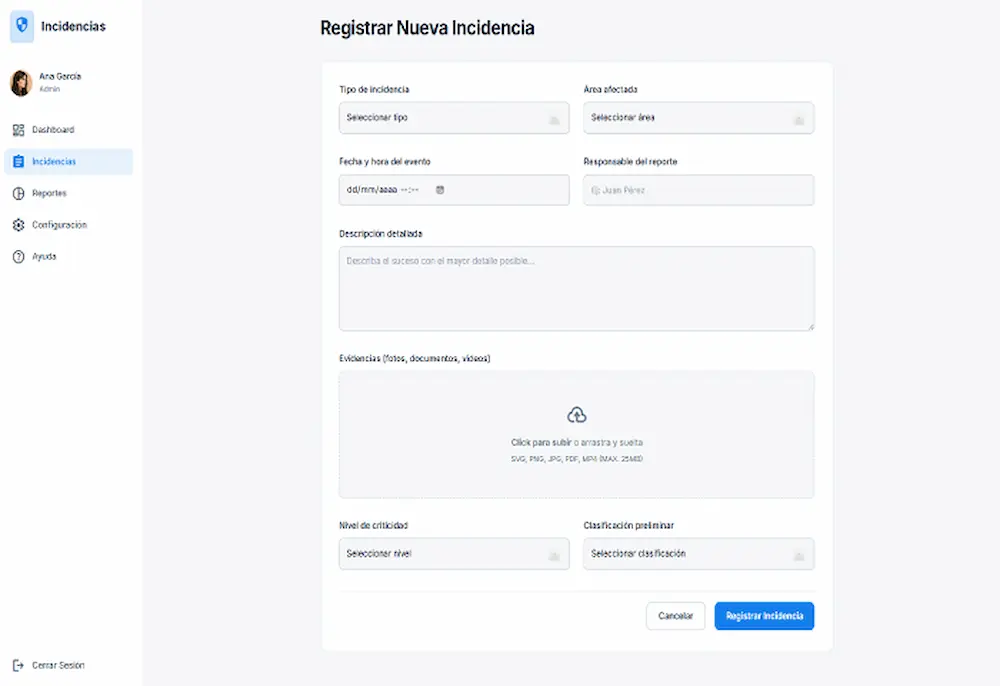 Aplicación de control de incidencias y no conformidades